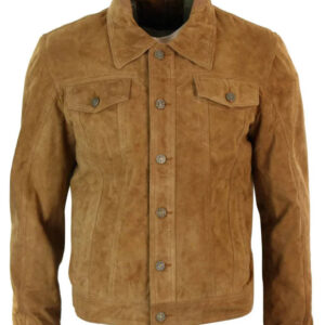 Real Suede Leather Mens Vintage Short Denim Style Retro Jean Jacket Casual – Brown Color