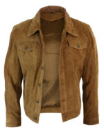 Real Suede Leather Mens Vintage Short Denim Style Retro Jean Jacket Casual - Brown Color - Image 4