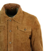 Real Suede Leather Mens Vintage Short Denim Style Retro Jean Jacket Casual - Brown Color - Image 3