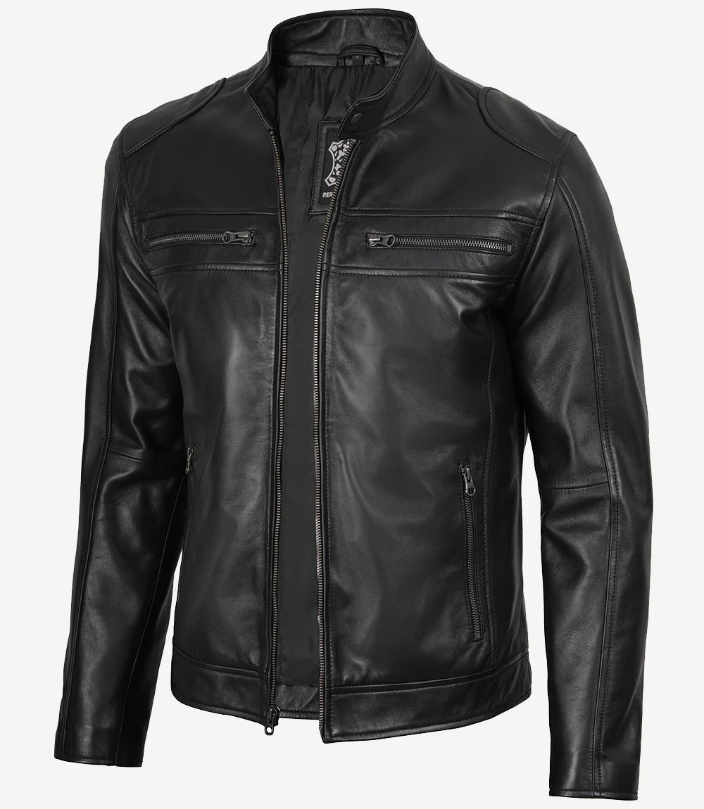 Men’s Classic Black Lambskin Cafe Racer Leather Jacket