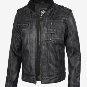 Tavares Men’s Distressed Black Leather Biker Fashion Jacket