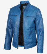 Dodge Mens Cafe Racer Blue Leather Jacket