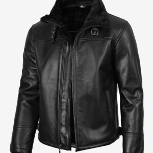 Black Shearling Leather Bomber Jacket for Men | Premium Warmth