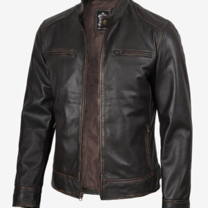 Dodge Men’s Rub-off Dark Brown Leather Jacket — Cafe Racer Style