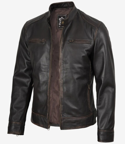 Dodge Men's Rub-off Dark Brown Leather Jacket — Cafe Racer Style