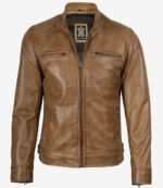 Dodge Men's Camel Leather Cafe Racer Jacket - Image 4