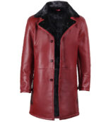 Men's Burgundy Leather with Black Shearling Long Coat - Image 3