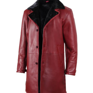 Men’s Burgundy Leather with Black Shearling Long Coat