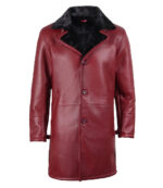 Men's Burgundy Leather with Black Shearling Long Coat - Image 4