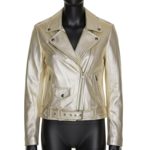 Women’s Metallic Gold Foil Leather Biker Jacket – Hand-Stitched