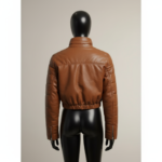 Women’s Brown Genuine Leather Cropped Puffer Jacket – High Neck Winter Bomber - Image 2