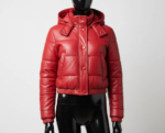 Women’s Red Genuine Leather Cropped Puffer Jacket – Hooded Quilted Winter Coat with Snap Buttons