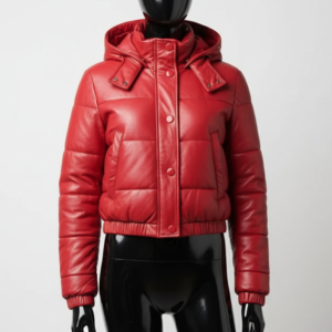 Women’s Red Genuine Leather Cropped Puffer Jacket – Hooded Quilted Winter Coat with Snap Buttons