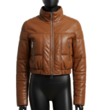 Women’s Brown Genuine Leather Cropped Puffer Jacket – High Neck Winter Bomber