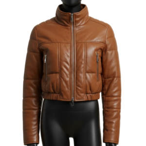 Women’s Brown Genuine Leather Cropped Puffer Jacket – High Neck Winter Bomber