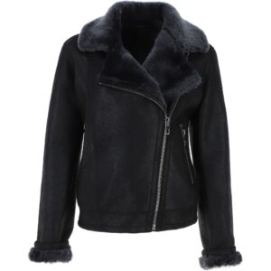 Womens Luxury Shearling Aviator Jacket Black